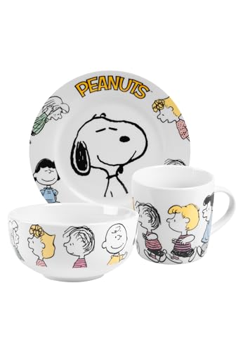 The Peanuts Snoopy Family - Juego de 3 platos, cuenco y taza de porcelana, color blanco