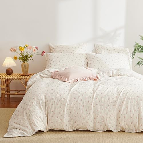 Lanqinglv Aesthetic Öko-Tex® Ropa de cama de algodón de 155 x 220 cm, diseño de flores en blanco...