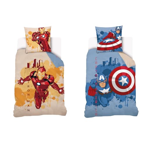 Marvel - Funda n&oacute;rdica reversible Capit&aacute;n Am&eacute;rica y Iron Man 140 x 200 cm, 100% algod&oacute;n, color...