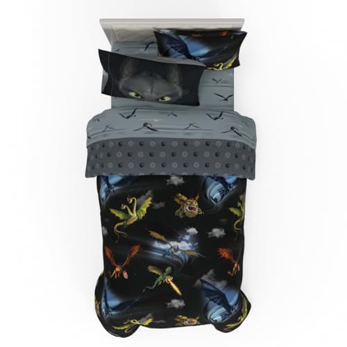 Franco How to Train Your Dragon - Juego de edred&oacute;n y s&aacute;banas de Microfibra Reversible s&uacute;per Suave...