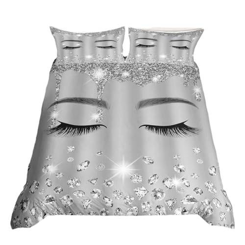 Juego de funda de edred&oacute;n de color gris plateado, juego de ropa de cama con estampado de pesta&ntilde;as...