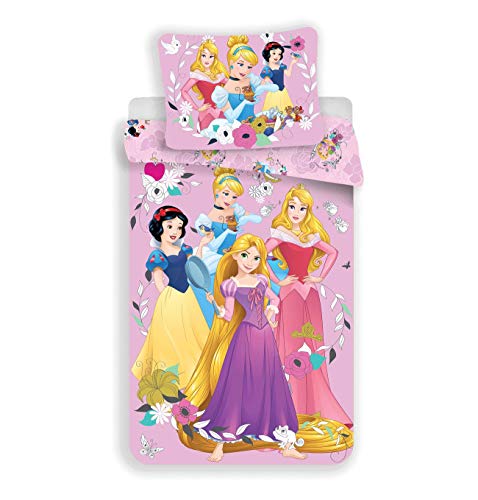 Disney - Juego de funda nórdica y funda de almohada, 1 unidad, diseño de princesas, color rosa y...