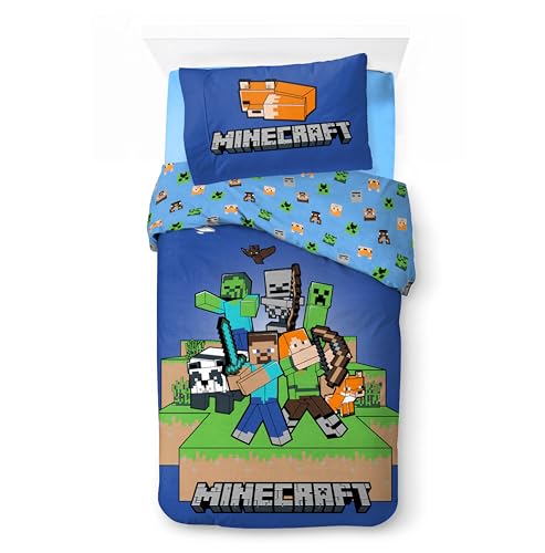BrandMac Minecraft Bedlinen - Juego de ropa de cama individual, funda de edred&oacute;n de 140 x 200 cm y...