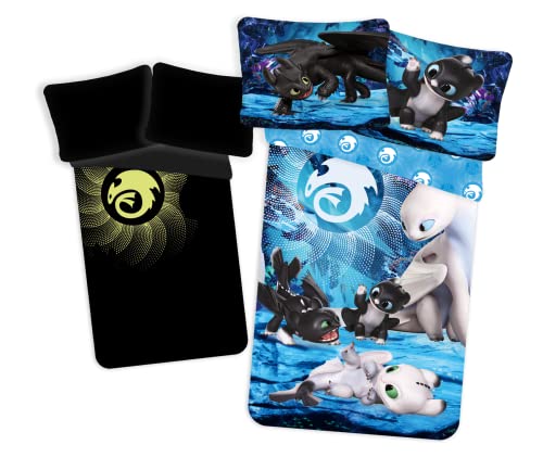 Jerry Fabrics - Juego de cama de 2 piezas: C&oacute;mo entrenar a tu drag&oacute;n con efecto luminoso, 140 x...