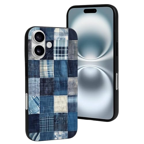 Funda compatible con iPhone 16, edredón de retazos índigo resistente a los arañazos, bonita funda...