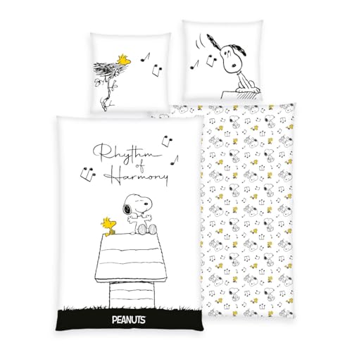 Peanuts Rhythm of Harmony Snoopy Woodstock - Juego de cama (100% algodón, 135 x 200 cm y 80 x 80...
