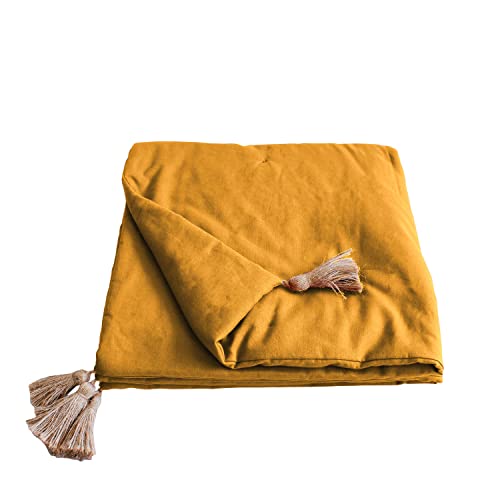 Enjoy Home - Edredon Decorativo - Amarillo Mostaza con 4 Pompones de Yute - 90 x 190 cm - 100%...