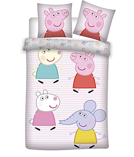 Juego de Cama Peppa Pig 100% algodón, Funda nórdica Rosa Linea de 100 x 135 cm y Funda de Almohada...