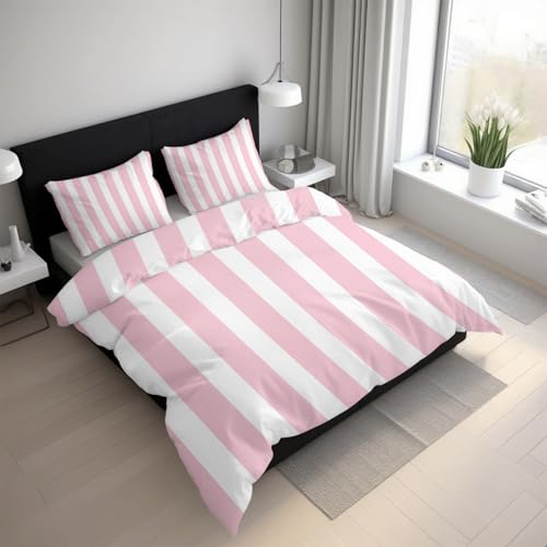 Genérico Funda Nórdica Rayas Rosa y Blanc Microfibra Suave Minimalista Rayas Juego de Ropa de Cama...