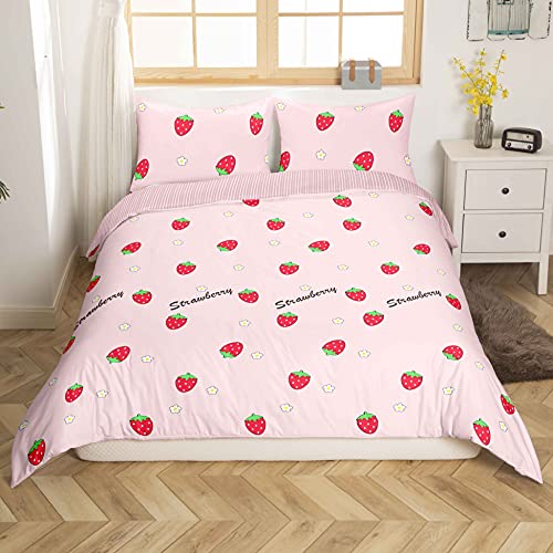 Juego de ropa de cama de fresa para niñas, con estampado de fresa kawaii, funda de edredón para...