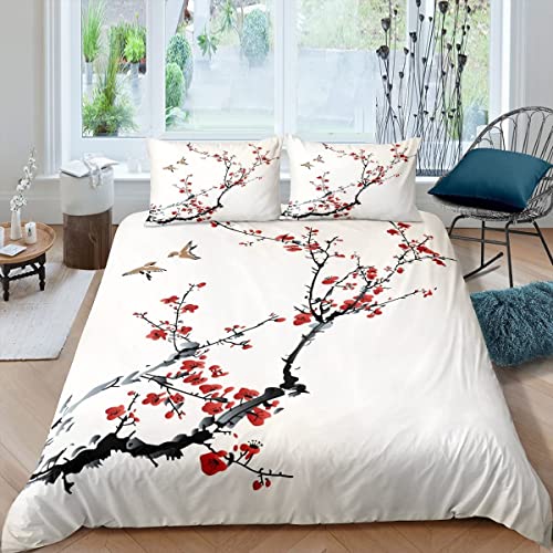 Fundas Nordicas Cama 135/150 Cerezo Rojo En Flor Estilo Japonés Juego de Cama Blanco Minimalista de...