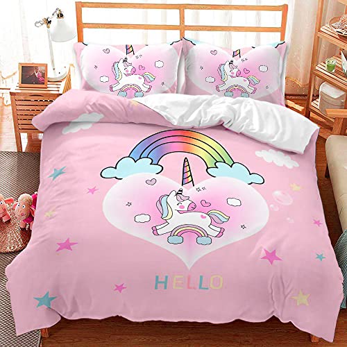 AOXHFNV Juego de Funda Nórdica de Unicornio Rosa con Arco Iris y Nube Blanca, Ropa de Cama para...