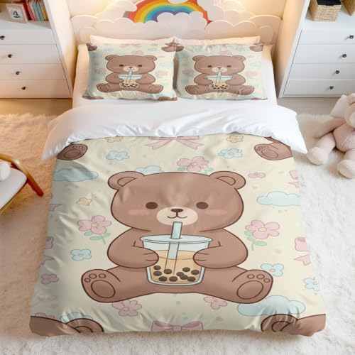 Juego de funda de edredón de té de burbujas de oso kawaii, bonita funda de edredón de oso...