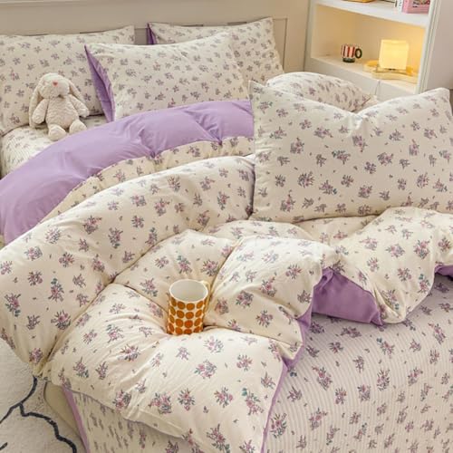 Covebett Juego de ropa de cama de 135 x 200 cm, diseño de flores, color lila y blanco, diseño...