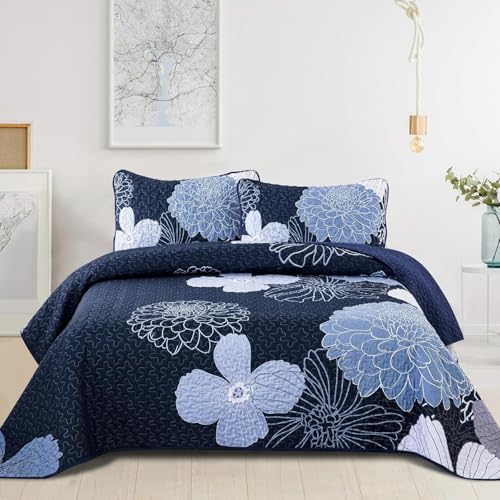 WONGS BEDDING Colcha de 220 x 240 cm, diseño de flores, color azul marino, suave, para cama doble,...