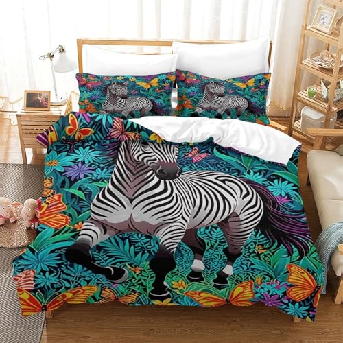 Funda De Edredón Cebra Microfibra Suave Juego de Cama 3 Piezas Estampado Cebra Flores Planta con...