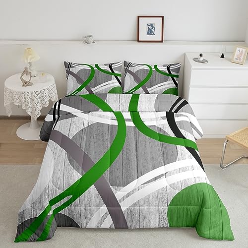 Juego de edred&oacute;n verde, gris y negro, juego de ropa de cama King con dise&ntilde;o de c&iacute;rculos ondulados...