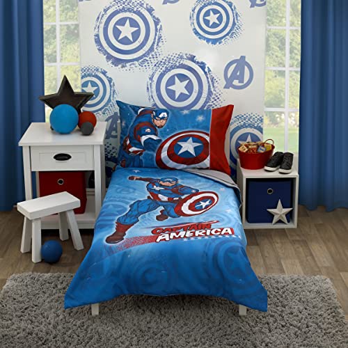 Marvel Capit&aacute;n Am&eacute;rica Rojo, Blanco y Azul - Juego de Cama Infantil de 4 Piezas, edred&oacute;n, s&aacute;bana...