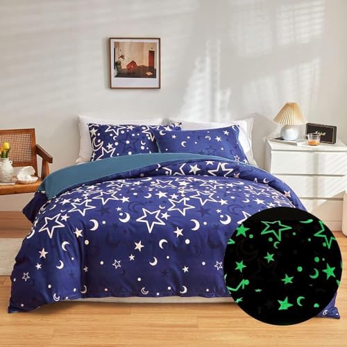 Loussiesd Juego de ropa de cama con diseño de galaxia que brilla en la oscuridad para niñas,...