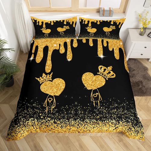 Juego de ropa de cama de 3 piezas con dise&ntilde;o de lentejuelas y corona dorada, funda de edred&oacute;n de...