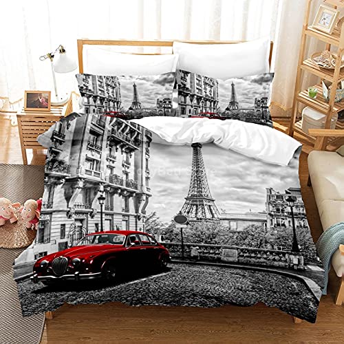 Meimall Juego De Ropa De Cama De 3 Piezas Torre Eiffel Ciudad Rojo Coches 280X240 Cm Funda N&oacute;rdica...