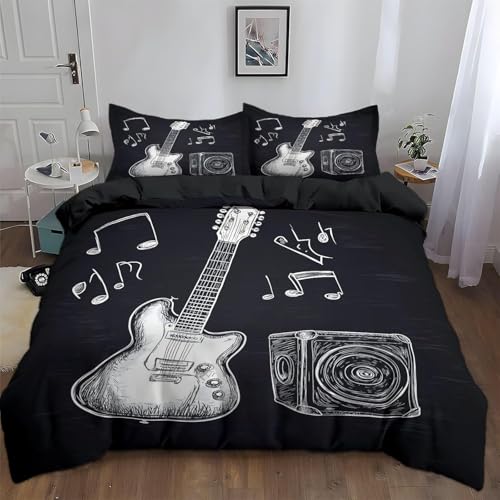 Funda Nordica Cama 105 M&uacute;sica de Guitarra Microfibra 3D Funda Edredon 180x220 cm Negro Ligero...