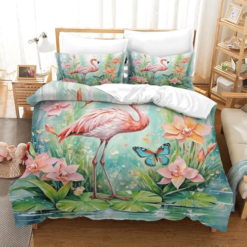 Funda Nórdica Flamenco Microfibra Suave Juego De Cama 3 Piezas Flores Flamenco con Cremallera Y...