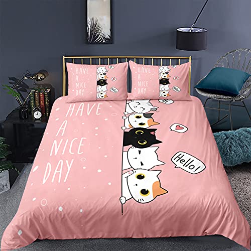 Juego de Cama Gato Animados 3D Negro Gris Rosa Gatito Funda Nórdica Estampado 3D Microfibra Niña...