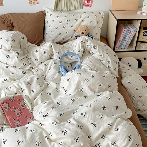 Covebett Ropa de cama de 135 x 200 cm, para niña, color blanco con lazos negros, funda nórdica de...