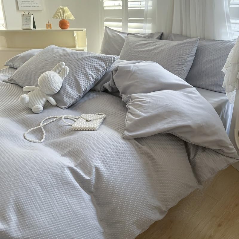 Juego de ropa de cama de punto gofre, funda de edred&oacute;n de algod&oacute;n cepillado lavado de 4 piezas con...